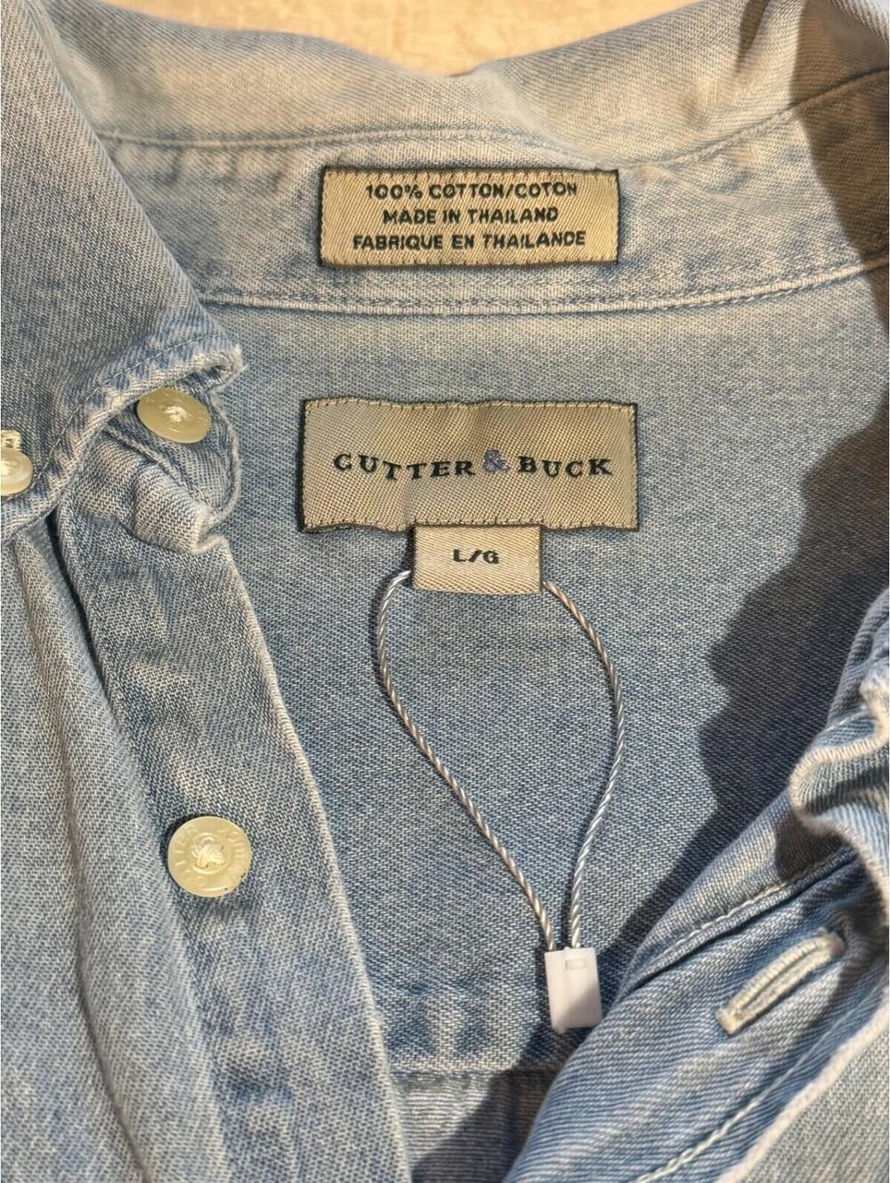Cutter & Buck Shirt Mens L Light Blue Denim Long Sleeve Button Up Pfizer Logo - Picture 10 of 11